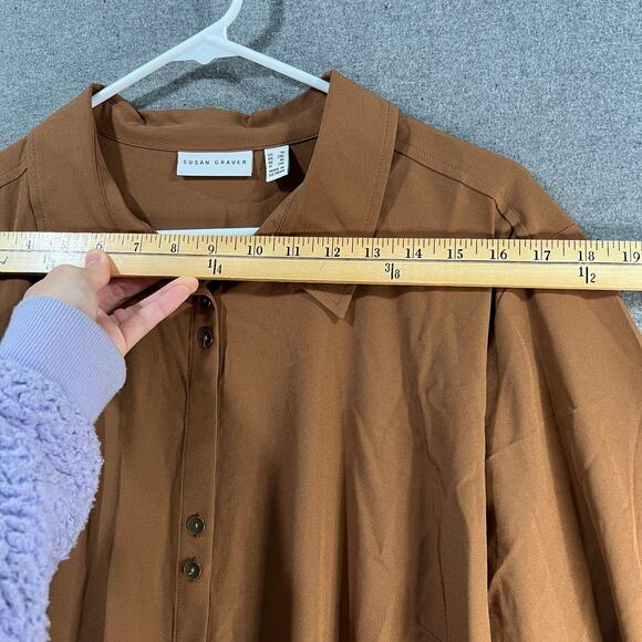 Susan Graver Regular Stretch Woven Button Front Duste Toffee Size 1X - Picture 9 of 12